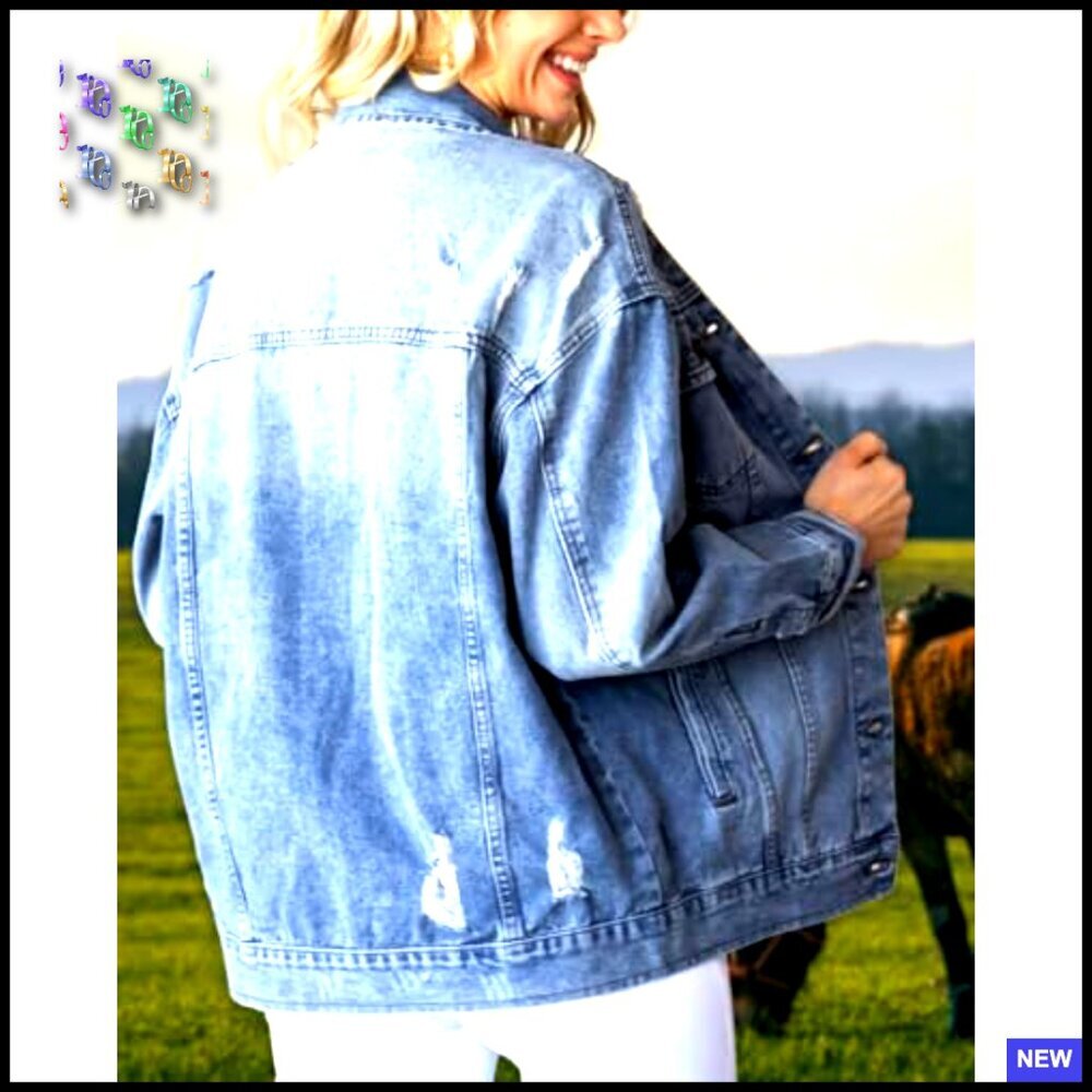 Oversized Denim Jacket Distressed Ripped Drop Shoulder Casual Coat Women's - Picture 6 of 7